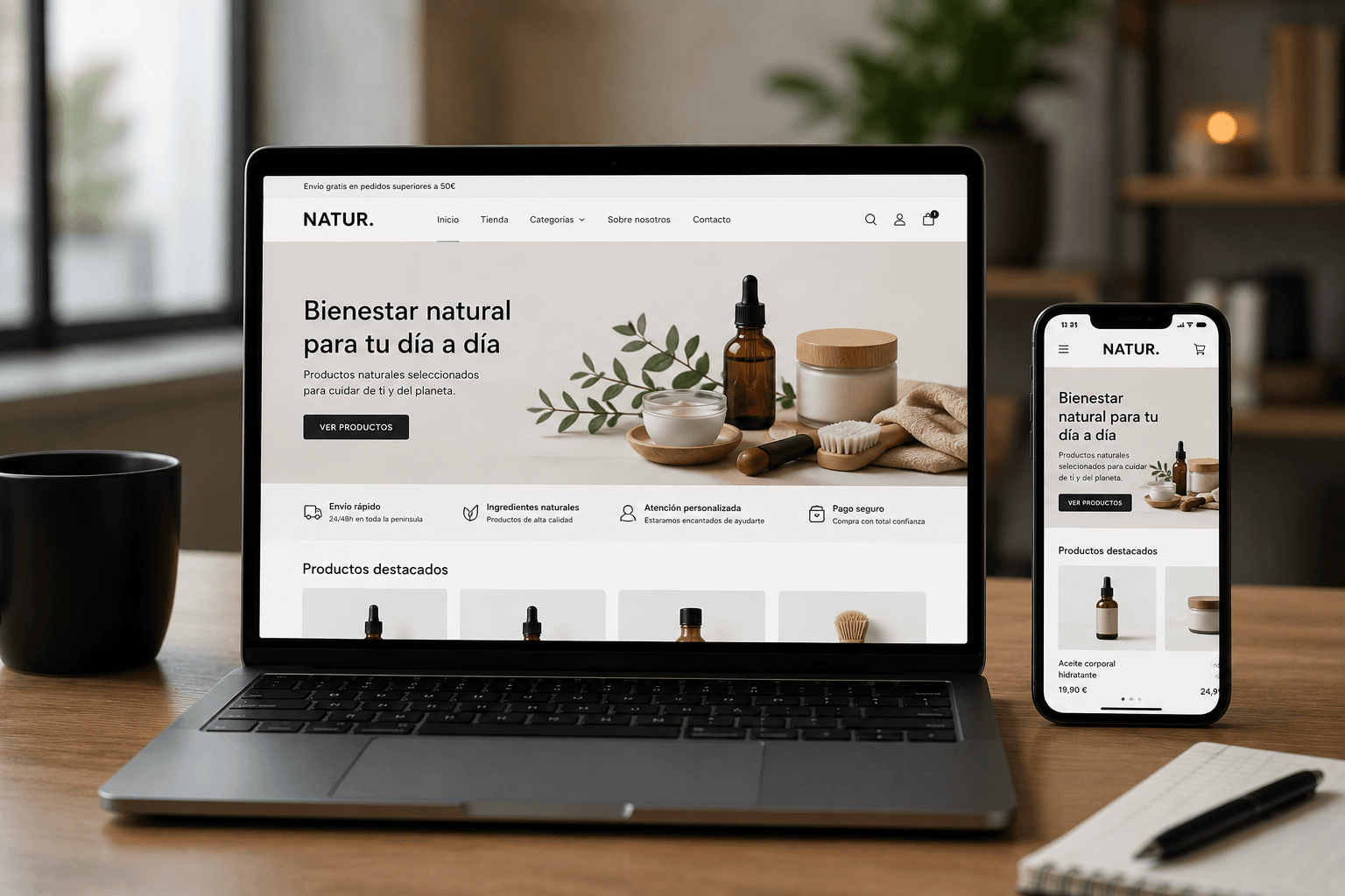 Páginas de produto ecommerce, fluxo de compra e planeamento operacional.
