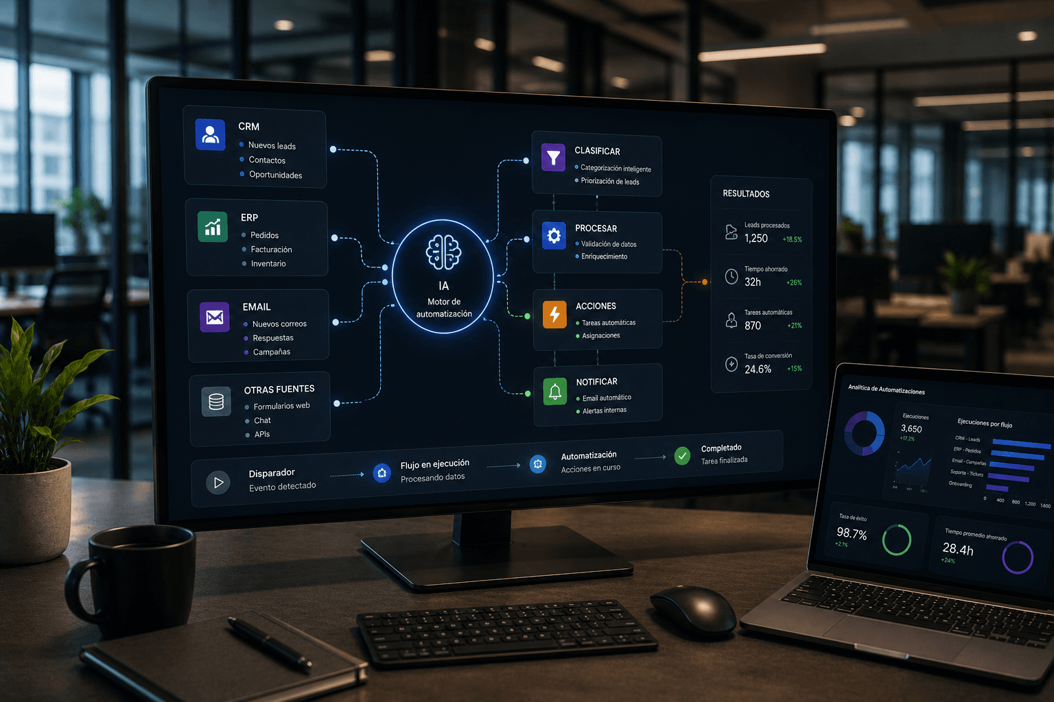 Fluxos de automação, ligações entre sistemas e monitorização de processos.